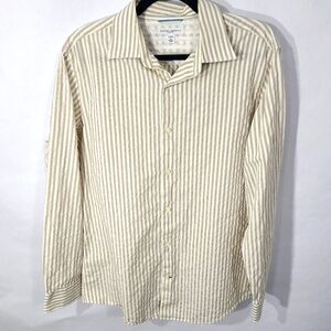 Banana Republic Men's Size Large L 16-16 1/2‎ Slim fit Tan White Striped Shirt